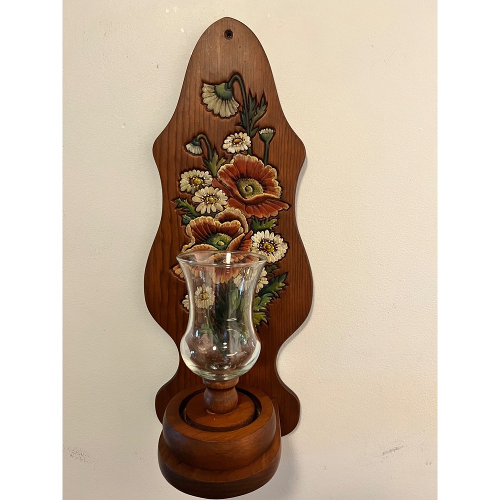 Vintage Embossed Floral Wooden Sconce with Glass Tulip | Cottage